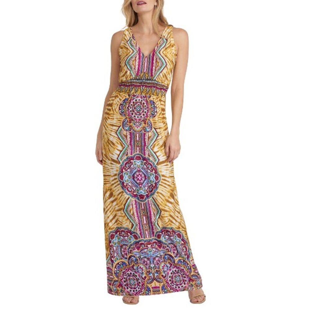 New York & Company Gold Purple Cruise Resort Sleeveless Maxi Dress Medium NWT